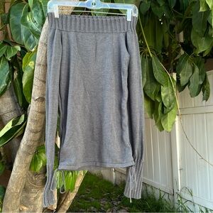 Vintage Y2K Spark Off the Shoulder Grey Sweater with Ties at the Bottom Hem.